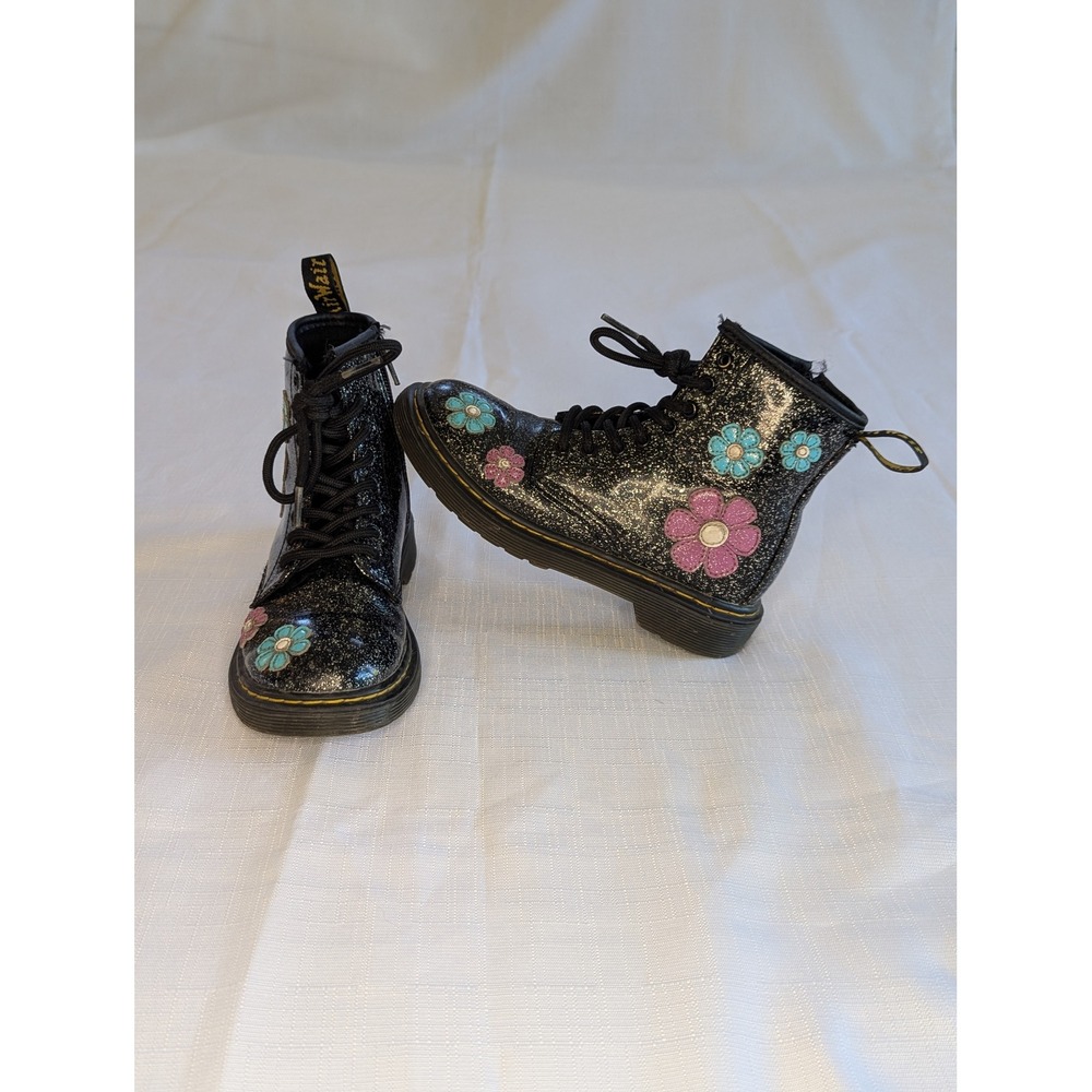 Dr. Martens Black Glitter Kids Boots with Floral Accents